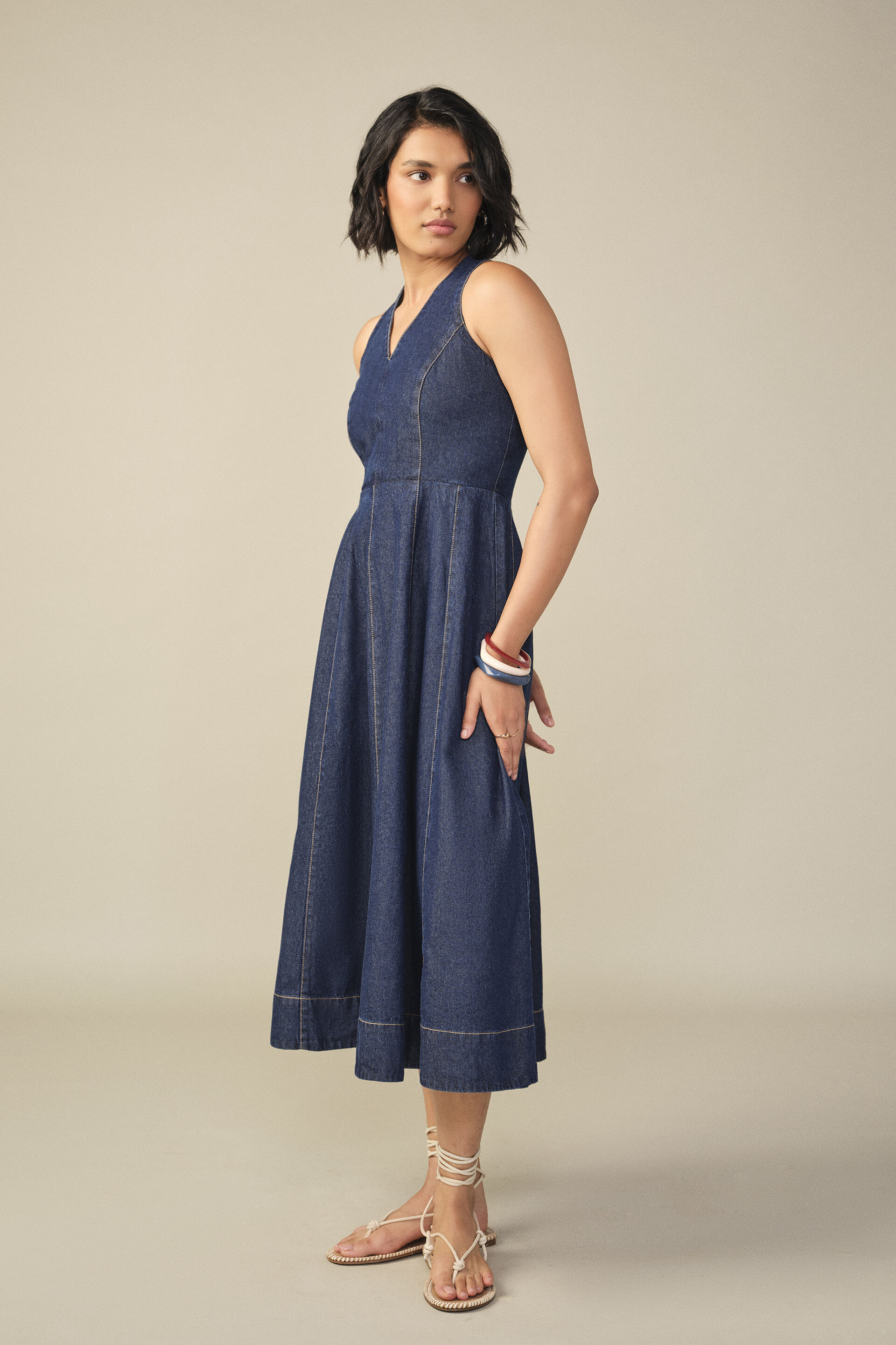 Panelled Denim Maxi Dress in Blue, Blue, image 4
